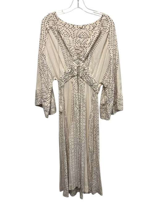 Free People Size 4 Cream & Brown Viscose Short Wide Sleeve Squares Lace Up Dress Cream & Brown / 4