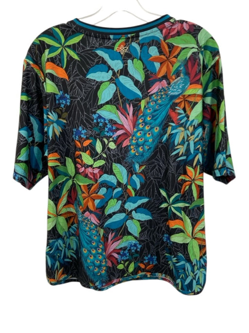Johnny Was Size Large Black, Blue, Green Polyester Short Sleeve Peacock Top Black, Blue, Green / Large