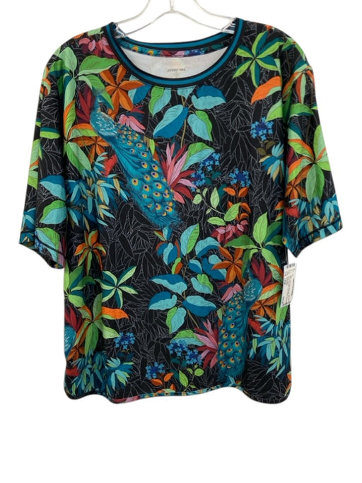 Johnny Was Size Large Black, Blue, Green Polyester Short Sleeve Peacock Top Black, Blue, Green / Large