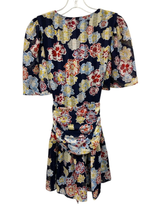 Tanya Taylor Size 0 Navy Blue, White & Multi Polyester Floral V Neck Dress Navy Blue, White & Multi / 0
