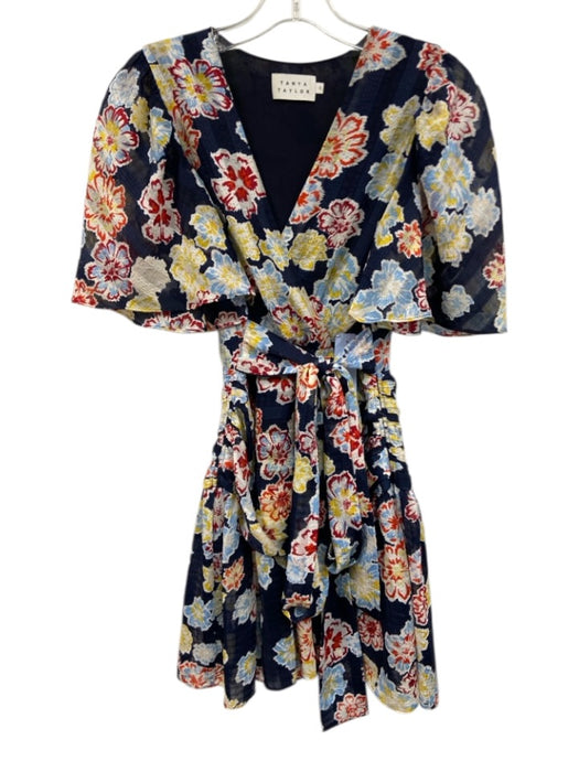 Tanya Taylor Size 0 Navy Blue, White & Multi Polyester Floral V Neck Dress Navy Blue, White & Multi / 0