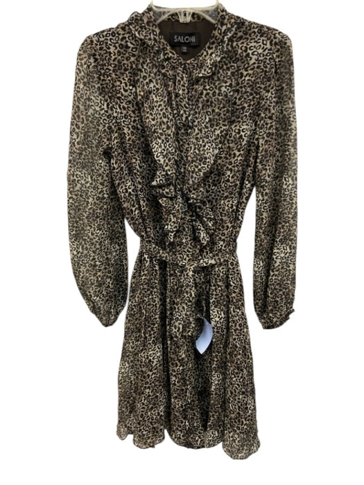 Saloni Size 2 Taupe Brown Silk Leopard Print Long Balloon Sleeve Dress Taupe Brown / 2