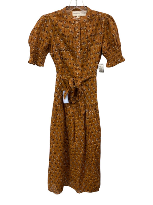 Daughters of India Size XS Orange Brown Cotton Block Printed Short Sleeve Dress Orange Brown / XS