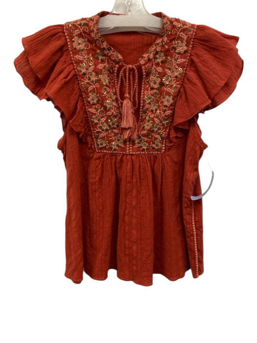 Ulla Johnson Size 4 Burnt Orange Cotton Embroidered Sequined Tie V Neck Top Burnt Orange / 4