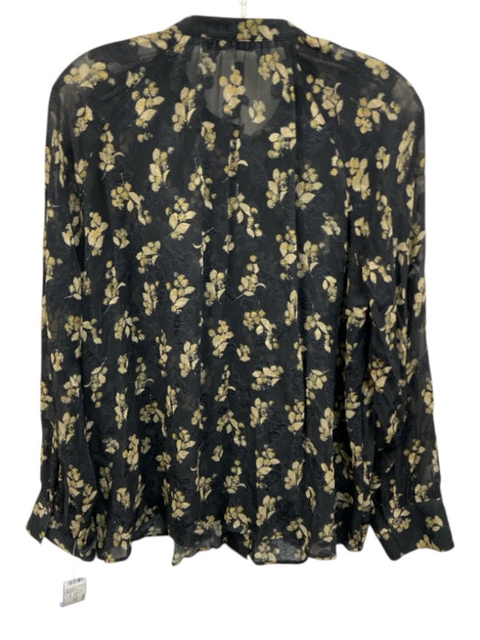Vince Size L Black & Beige Silk Abstract Floral Semi Sheer Long Sleeve Top Black & Beige / L