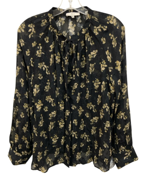 Vince Size L Black & Beige Silk Abstract Floral Semi Sheer Long Sleeve Top Black & Beige / L