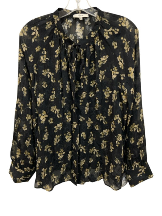 Vince Size L Black & Beige Silk Abstract Floral Semi Sheer Long Sleeve Top Black & Beige / L