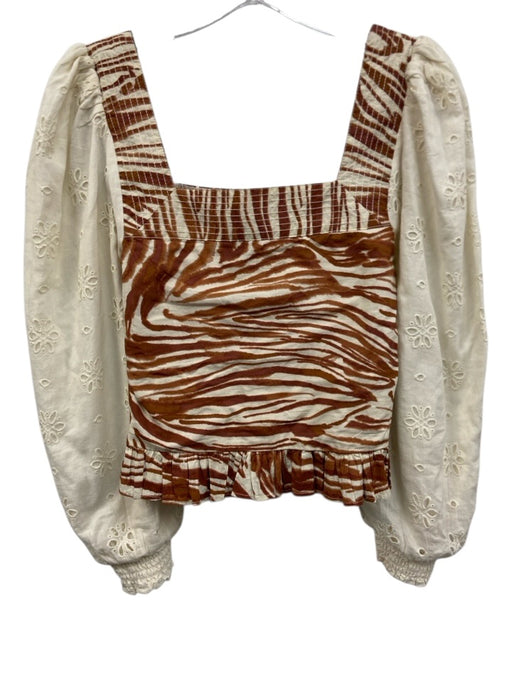 Love The Label Size XXS Cream White & Brown Cotton Long Balloon Sleeve Top Cream White & Brown / XXS