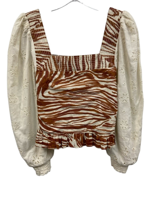 Love The Label Size XXS Cream White & Brown Cotton Long Balloon Sleeve Top Cream White & Brown / XXS
