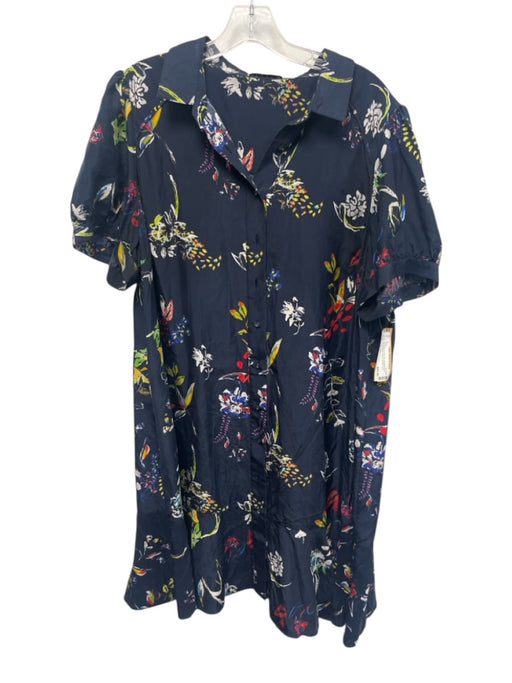 Tanya Taylor Size 14 navy blue & multi Silk Abstract Floral Button Front Dress navy blue & multi / 14