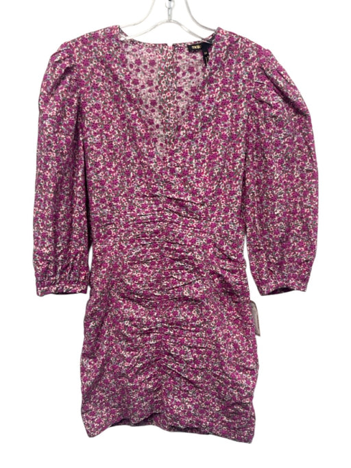 Maje Size 34 Purple & Multi Cotton Floral Eyelet 3/4 Balloon Sleeve V Neck Dress Purple & Multi / 34