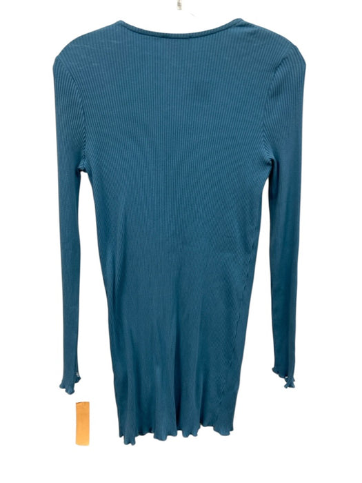 SABO Size 2 Blue Cotton Blend Ribbed Long Sleeve Lettuce Edge Button Front Dress Blue / 2