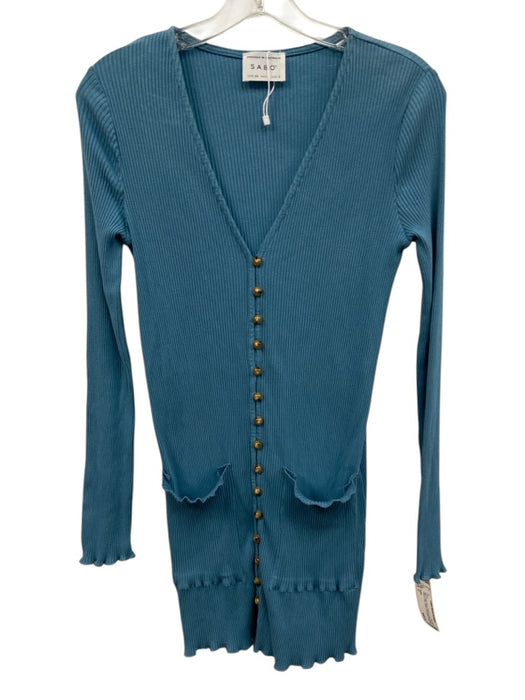 SABO Size 2 Blue Cotton Blend Ribbed Long Sleeve Lettuce Edge Button Front Dress Blue / 2