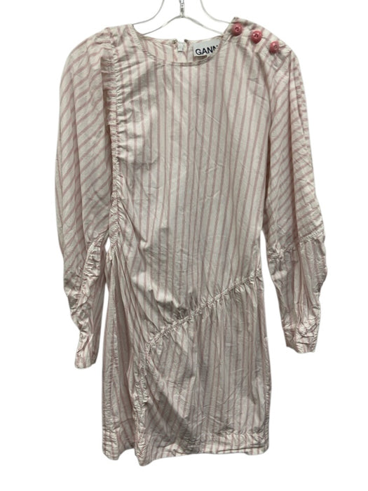 Ganni Size 34 White & Pink Cotton Striped Paneled Long Sleeve Dress White & Pink / 34