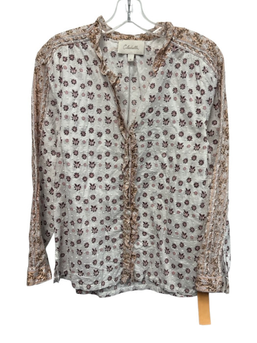 Cleobella Size Small White, Pink, Brown Cotton Long Sleeve Floral Swiss Dot Top White, Pink, Brown / Small