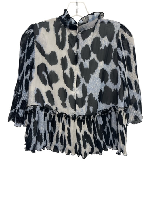 Ganni Size 34 BLack, White, Blue Polyester Long Sleeve Animal Print Pleated Top BLack, White, Blue / 34