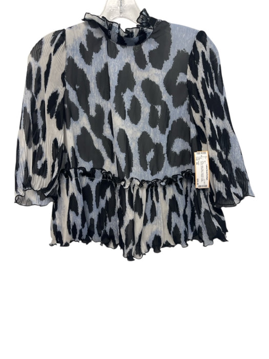 Ganni Size 34 BLack, White, Blue Polyester Long Sleeve Animal Print Pleated Top BLack, White, Blue / 34