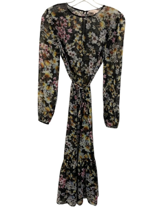 Ted Baker Size 0 Black, Pink, Yellow Polyester Blend Long Sleeve Floral Dress Black, Pink, Yellow / 0