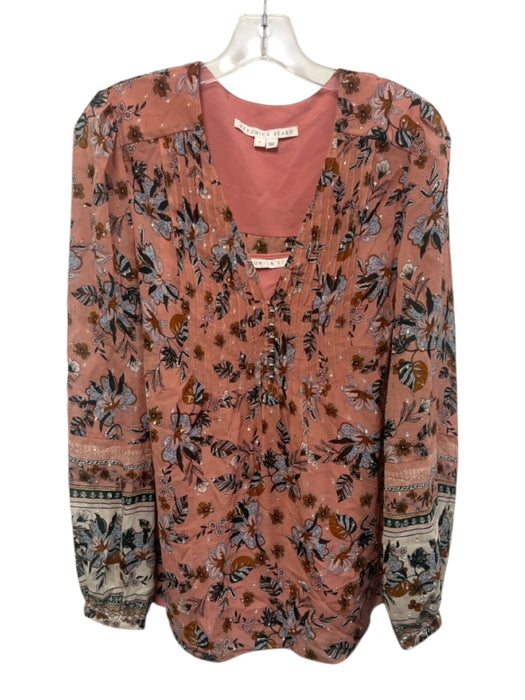 Veronica Beard Size 8 Pink & Multi Silk Blend Metallic Thread Floral V Neck Top Pink & Multi / 8