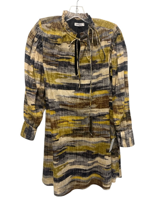 Mariacher Size XS Yellow, Brown & Beige Cotton Long Sleeve Shoulder Pads Dress Yellow, Brown & Beige / XS