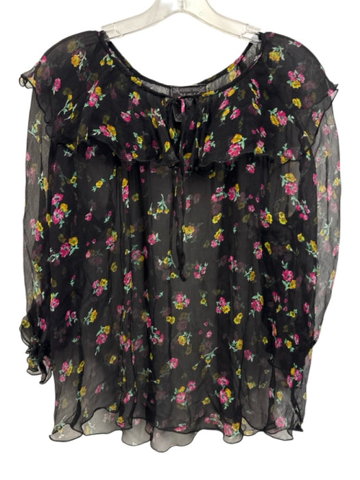 Johnny Was Size S Black, Pink & Green Silk Chiffon Floral Long Sleeve Sheer Top Black, Pink & Green / S