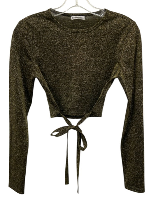 Reformation Size S Gold Nylon Blend Long Sleeve Shimmer Crop Back Tie Top Gold / S