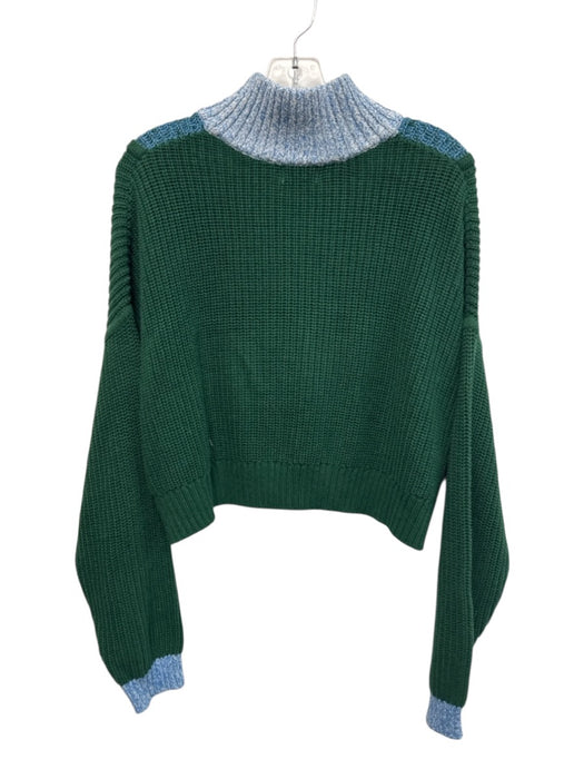 Staud Size S Green & Blue Cotton Blend Rib Knit 1/4 Zip Mock Neck Crop Sweater Green & Blue / S