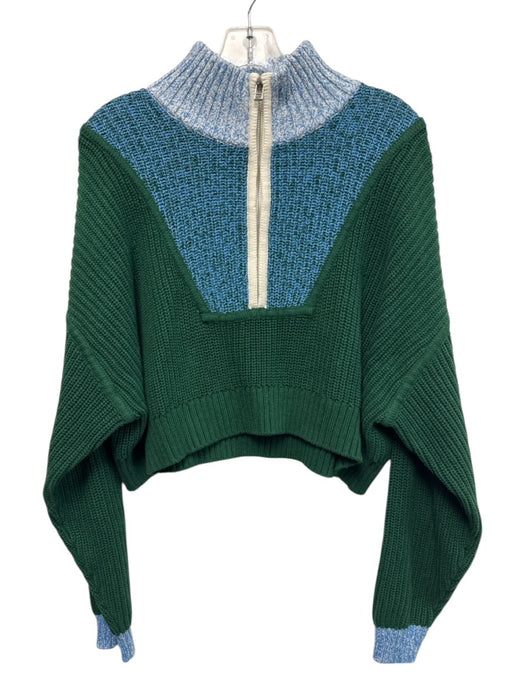 Staud Size S Green & Blue Cotton Blend Rib Knit 1/4 Zip Mock Neck Crop Sweater Green & Blue / S