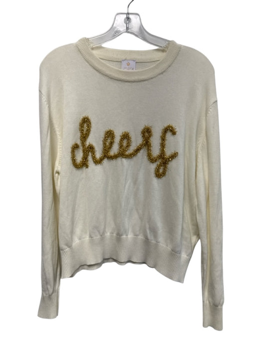 J. Marie Size M Cream & Gold Acrylic Blend Rib Knit Sparkle Words Sweater Cream & Gold / M