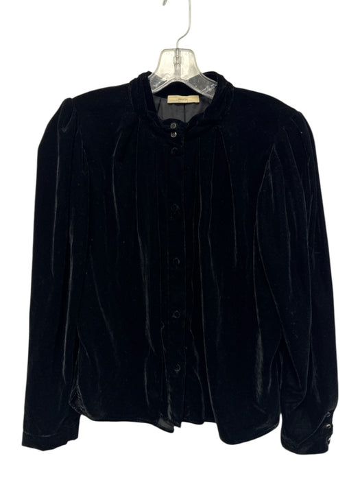 sessun Size S Black Polyester Velvet Long Balloon Sleeve Button Up Mock Neck Top Black / S