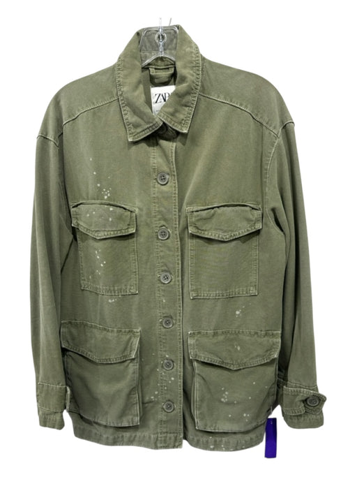 Zara Size XS Army Green Cotton Thigh Length Long Sleeve Button Jacket Army Green / XS