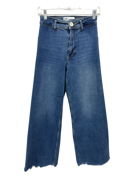 Zara Size 2 Medium Wash Cotton Blend Zip & Button High Rise Crop Wide Leg Jeans Medium Wash / 2