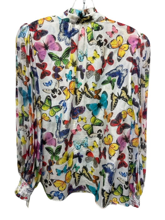 Alice + Olivia Size L White & Multi Cotton & Silk Butterfly Buttons Sheer Top White & Multi / L