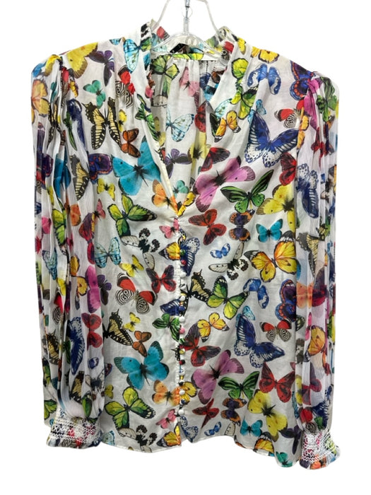 Alice + Olivia Size L White & Multi Cotton & Silk Butterfly Buttons Sheer Top White & Multi / L
