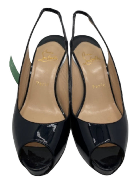 Christian Louboutin Shoe Size 37 Navy Patent Leather Slingbacks Peep Toe Wedges Navy / 37