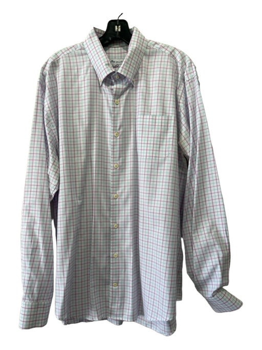 Peter Millar Size XL White & Blue Cotton Blend Grid Men's Long Sleeve Shirt XL