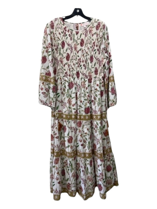 Jude Connally Size XL White & Burgundy Cotton Tassels Floral Maxi Dress White & Burgundy / XL