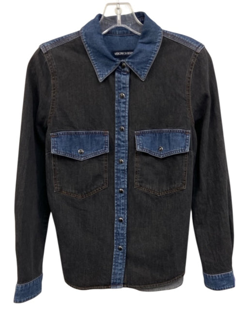 Veronica Beard Size 2 Medium Wash & Black Cotton Denim Snap Button Front Top Medium Wash & Black / 2