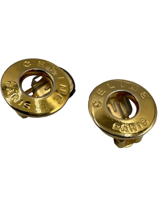 Celine Gold Metal Circle Logo Clip On Vintage Earrings