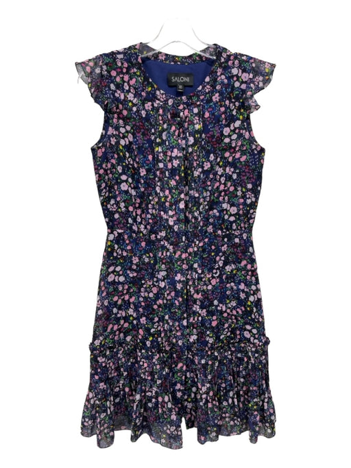 Saloni Size 2 navy blue & multi Polyester Button Down Floral Pintuck Dress navy blue & multi / 2