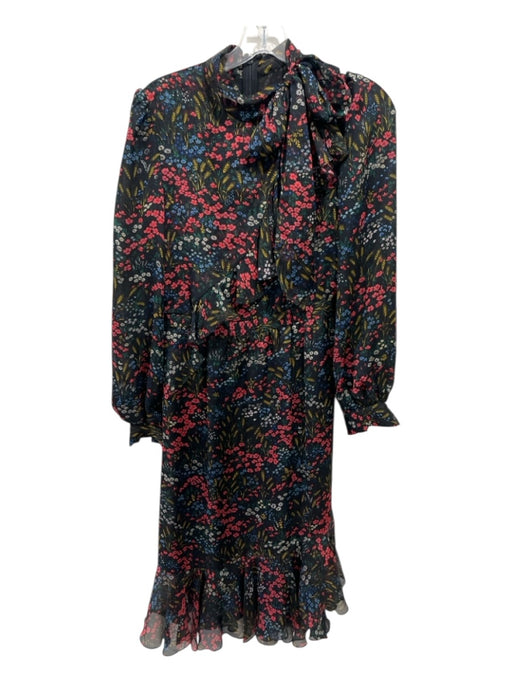 Co Size Small Black, Red & Blue Print Silk Floral Ruffle Detail Neck Tie Dress Black, Red & Blue Print / Small