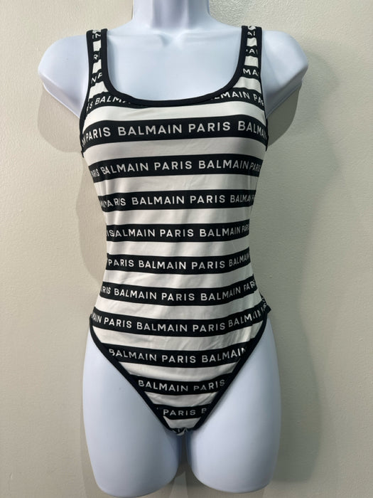 Balmain Size 34 Black & White Polyamid Logo Swimsuit