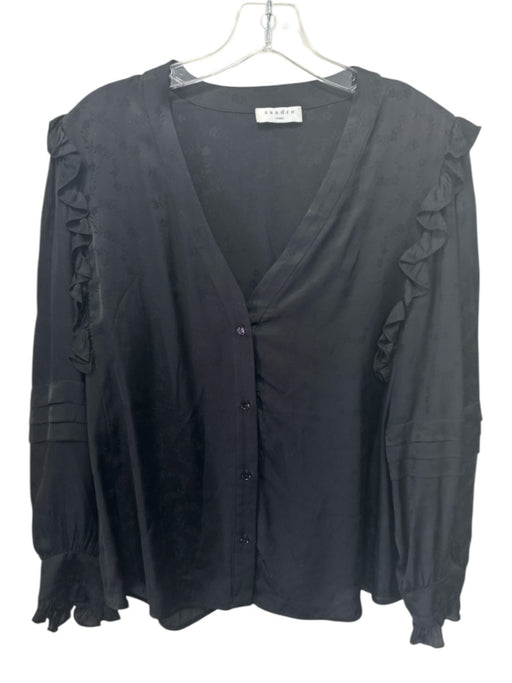 Sandro Size 3 Black Viscose Floral Jacquard Button Up Long Balloon Sleeve Top Black / 3