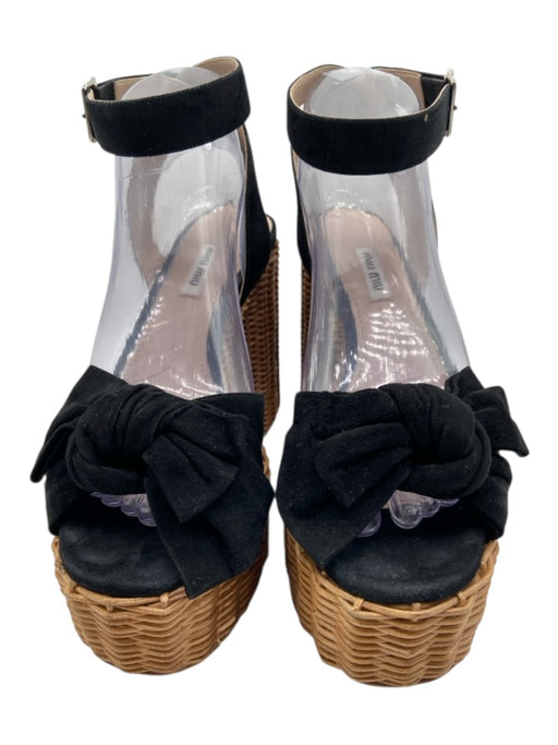 Miu Miu Shoe Size 39 Black & Tan Suede Upper Woven Platform Knot Detail Sandals Black & Tan / 39