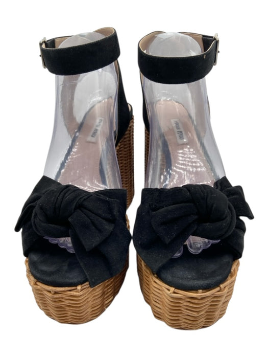 Miu Miu Shoe Size 39 Black & Tan Suede Upper Woven Platform Knot Detail Sandals Black & Tan / 39