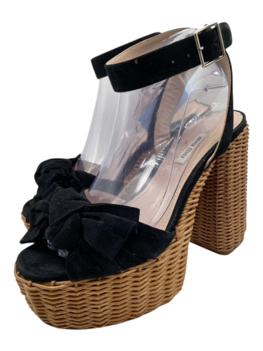 Miu Miu Shoe Size 39 Black & Tan Suede Upper Woven Platform Knot Detail Sandals Black & Tan / 39