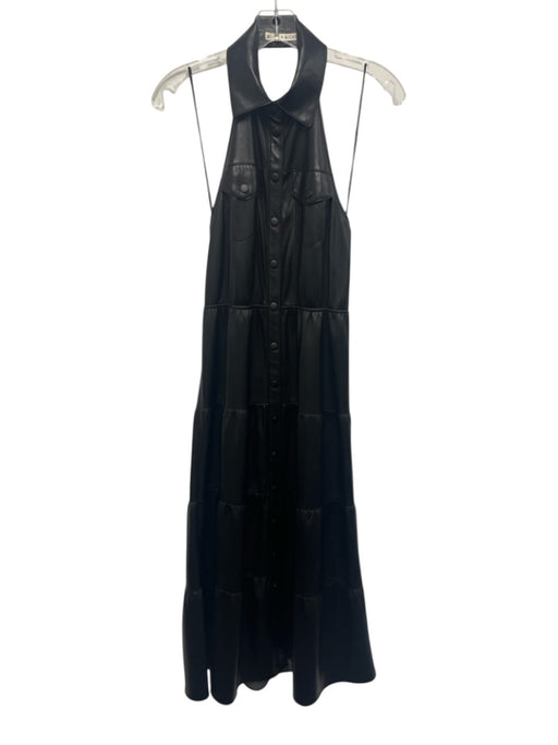 Alice & Olivia Size 2 Black PU Leather Button Down Halter Midi Dress Black / 2