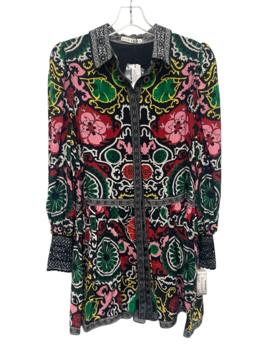 Alice + Olivia Size Small Red, Pink, Green Cupro Long Sleeve Floral Dress Red, Pink, Green / Small