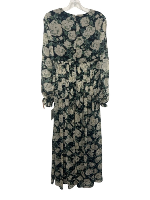 Mikael Aghal Size 6 Black, Green, White Gathered Floral Long Sleeve Maxi Dress Black, Green, White / 6