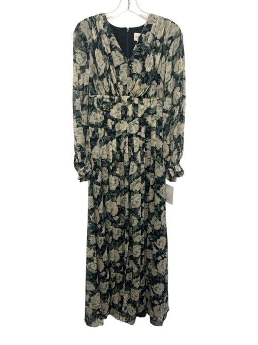 Mikael Aghal Size 6 Black, Green, White Gathered Floral Long Sleeve Maxi Dress Black, Green, White / 6
